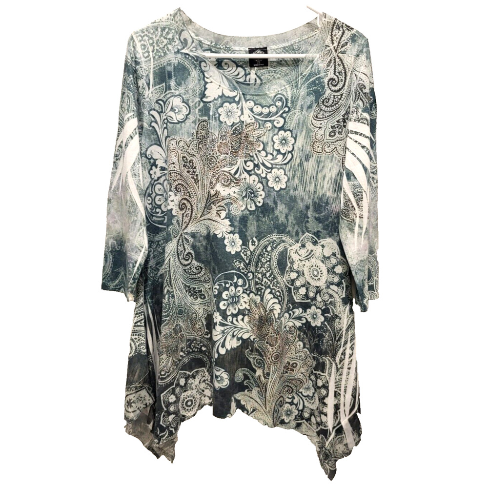 CalStyle Assymetrical Tunic Top Green Floral Size M 3/4 Sleeve Flowy Rhinestones